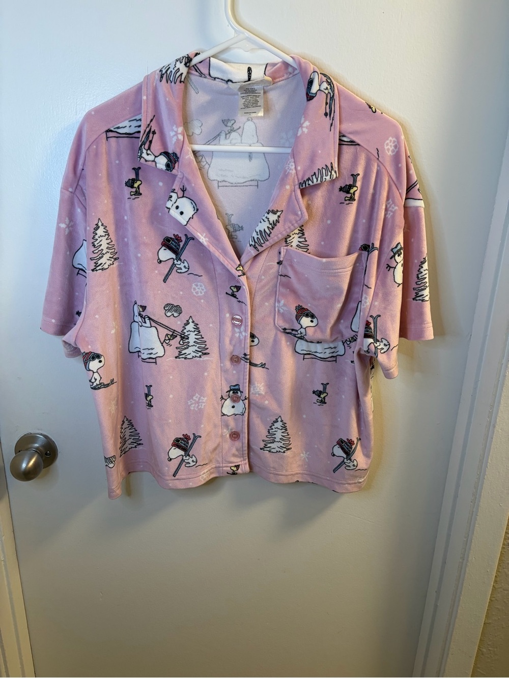 Munki Munki Peanuts Snoopy Skiing Pink Fleece Pajama Top Size Large
